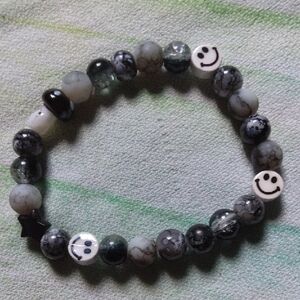 Black and White Beaded Bracelet with Smiley Faces